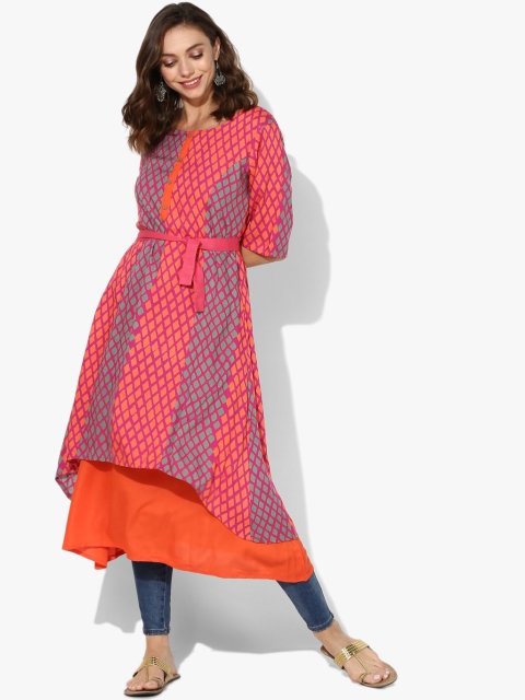 

Sangria Women Orange & Pink Printed High-Low Layered Kurta