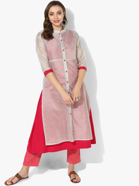 

Striped Mandarin Collar Chanderi Jacket With Full Button Placket And 3/4th Sleeves Teamed Up Cotton Flared Inner, Pink