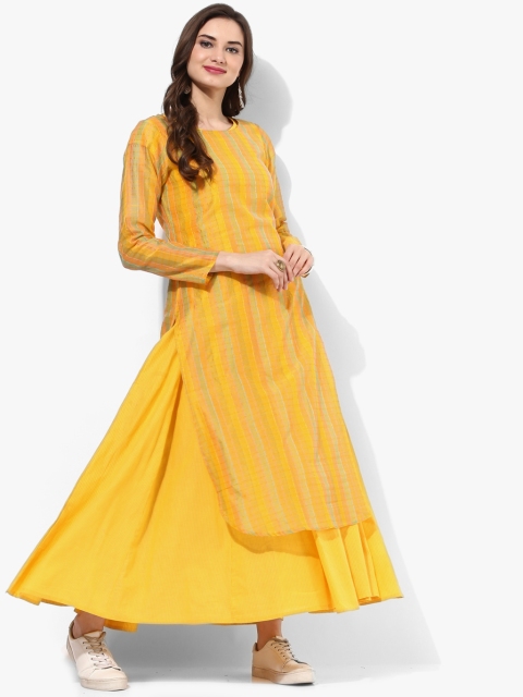 

Round Neck Short Sleeves Striped Anarkali With Multi Chanderi Upper Layer, Yellow