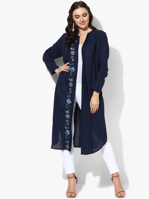 

Band Collar Shrug With Embroidery On Front Placket, Navy blue