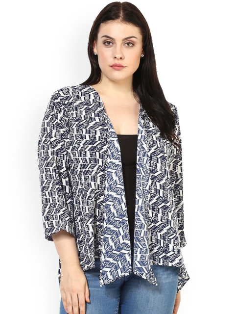 Qurvii Plus Size Women Blue Printed Open Front Shrug
