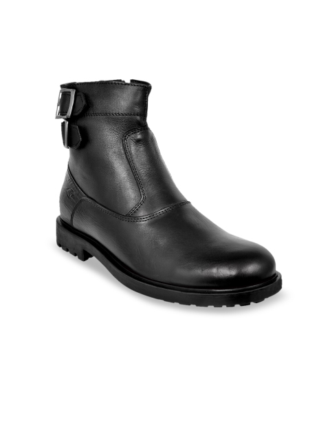 

Allen Cooper Men Black Solid Leather High-Top Flat Boots