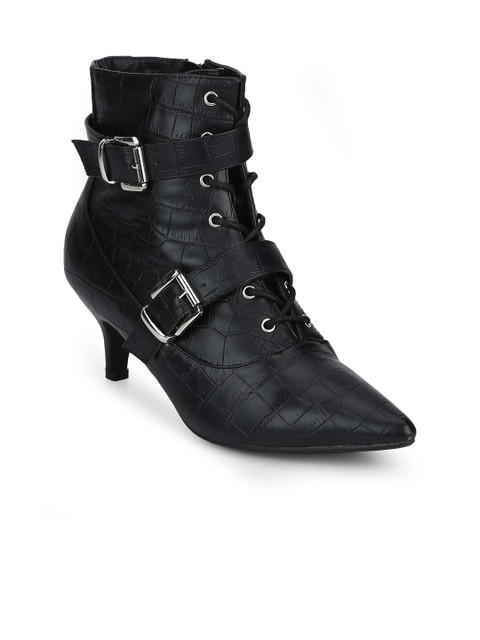 

Truffle Collection Women Black Solid Mid-Top Heeled Boots