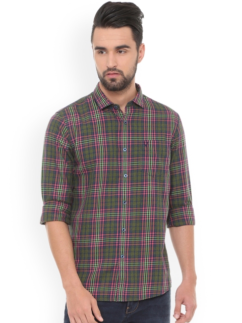 

Solly Jeans Co. Men Olive Green & Navy Blue Regular Fit Checked Casual Shirt
