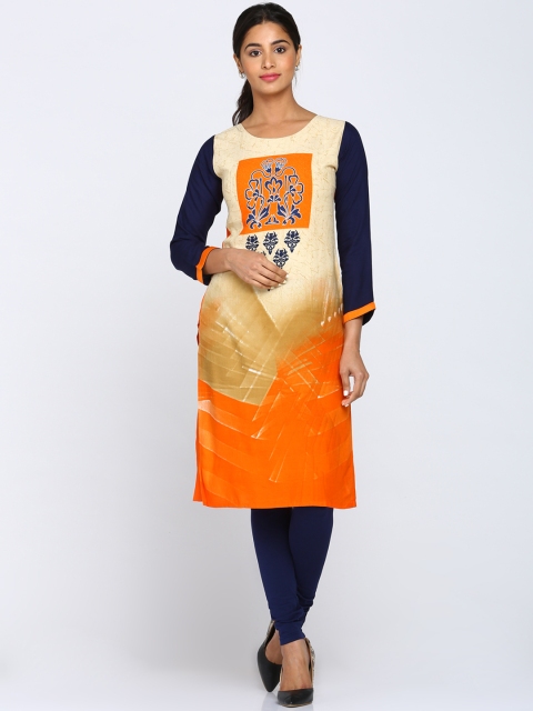 

Soch Women Cream-Coloured & Orange Printed Straight Kurta