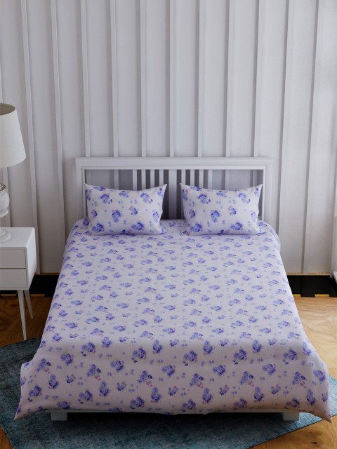 

EverHOME White & Blue Floral Flat 210 TC Cotton 1 King Bedsheet with 2 Pillow Covers