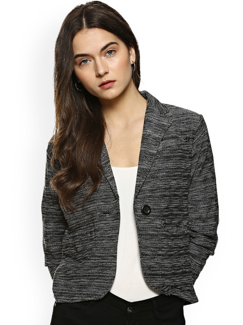 

Campus Sutra Women Black Self-Design Single-Breasted Blazer