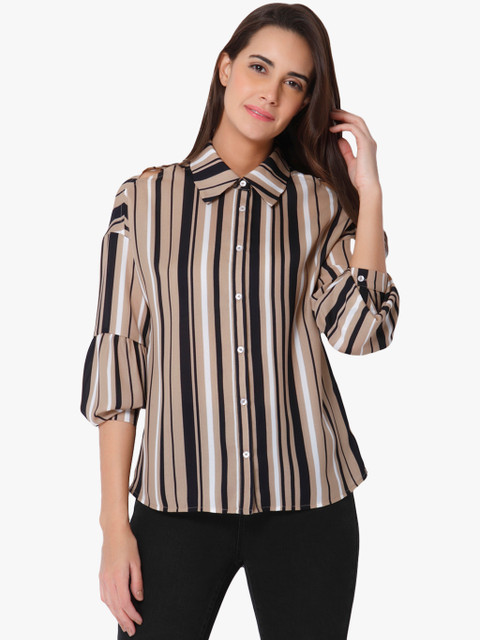 

Vero Moda Women Beige & Navy Blue Regular Fit Striped Casual Shirt