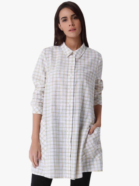 

Vero Moda Women Off-White & Yellow Boxy Checked Longline Casual Shirt