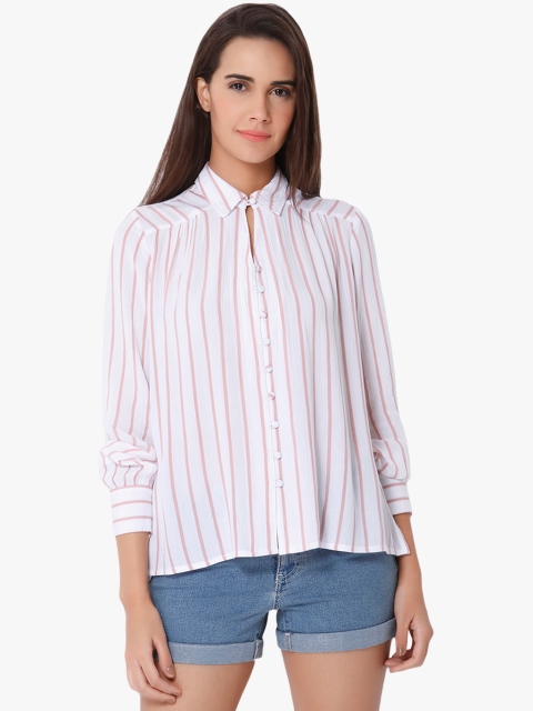 

Vero Moda Women Off-White & Peach-Coloured Regular Fit Striped Casual Shirt