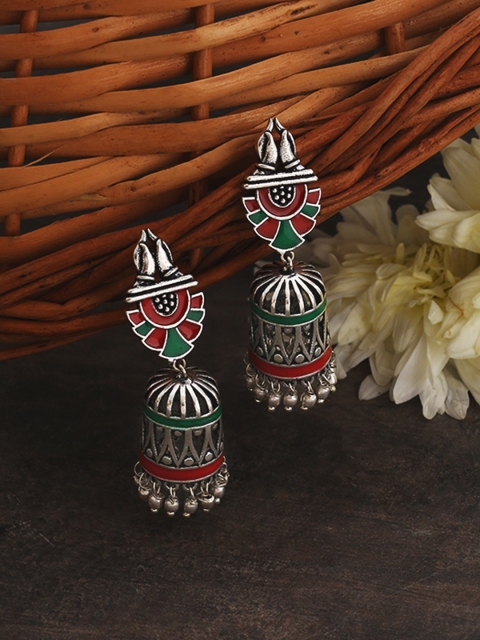 

Studio Voylla Silver-Plated & Red Oxidised Dome Shaped Jhumkas
