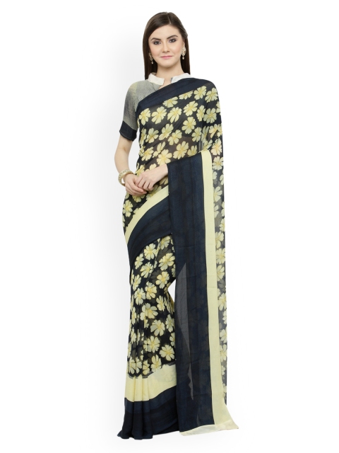 

Shaily Cream-Coloured & Navy Blue Satin Printed Saree