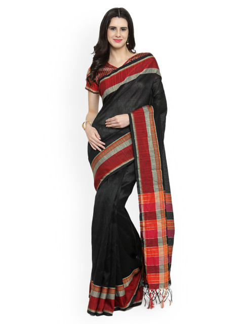

Shaily Black & Red Pure Silk Striped Kanjeevaram Saree