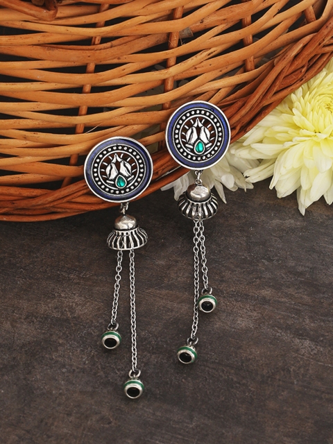 

Studio Voylla Silver-Plated Blue Oxidised Contemporary Drop Earrings