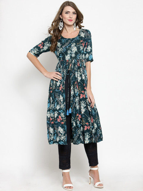

Sera Women Teal & Navy Blue Printed Kurta with Trousers