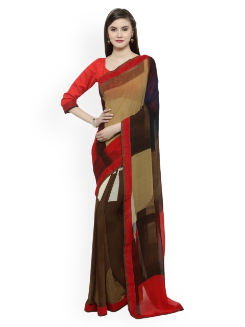 

Shaily Coffee Brown & Red Pure Georgette Printed Saree