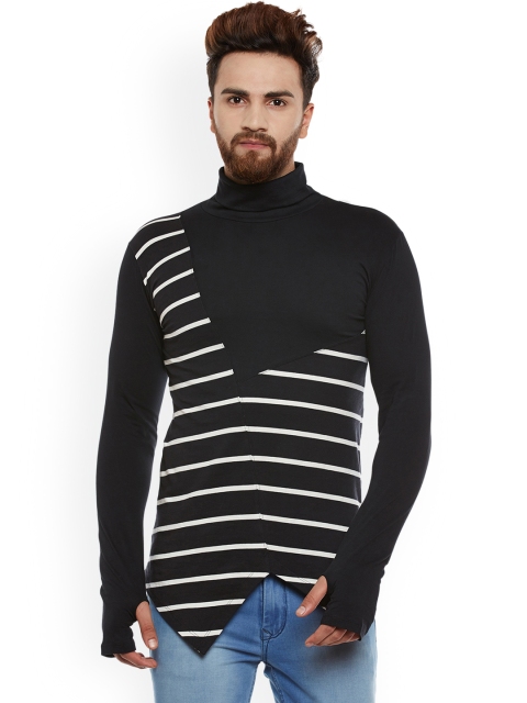 

Hypernation Men Black & White Striped High Neck T-shirt