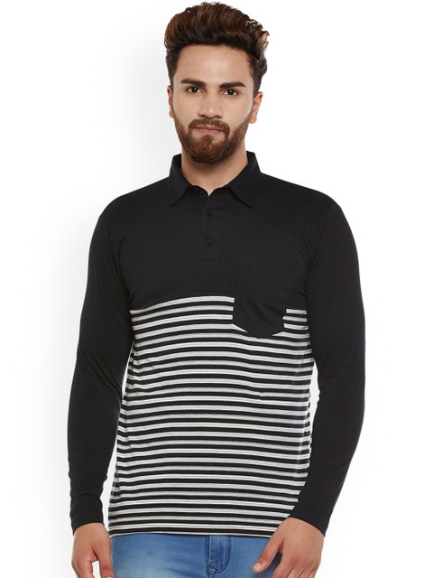 

Hypernation Men Black & Grey Striped Polo Collar T-shirt