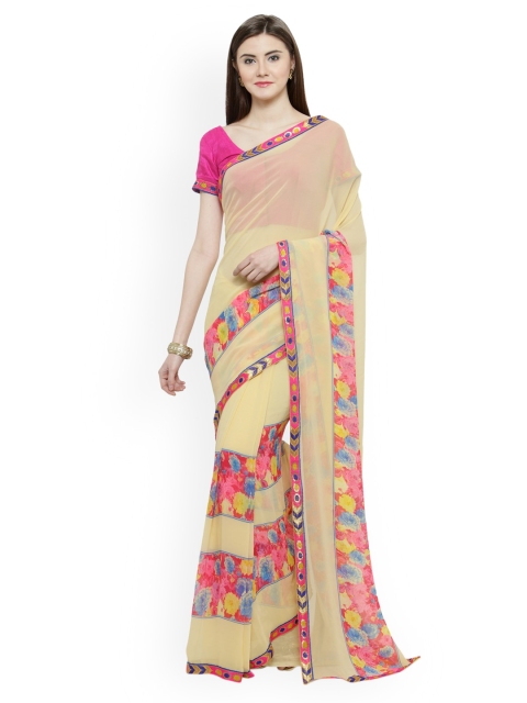 

Shaily Cream-Coloured & Pink Pure Georgette Printed Saree