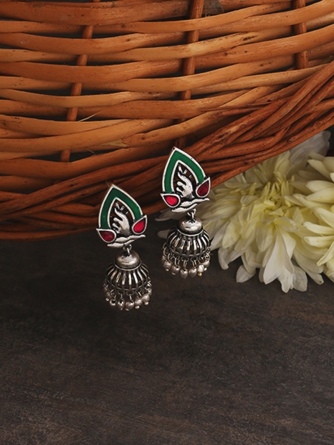 

Studio Voylla Silver-Plated & Green Dome Shaped Oxidised Jhumkas
