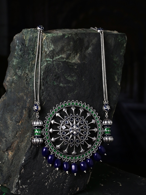 

Voylla Blue & Green Brass Silver-Plated Oxidised Necklace
