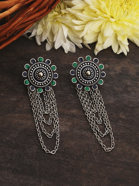 

Studio Voylla Silver-Toned & Green Circular Drop Earrings