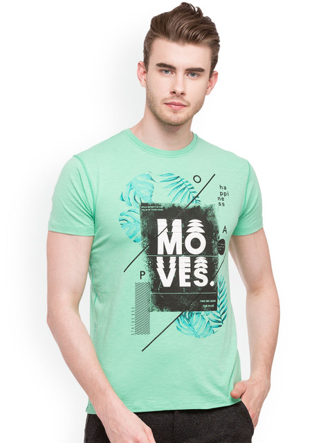 

Status Quo Men Sea Green Printed Slim Fit Round Neck Pure Cotton T-shirt