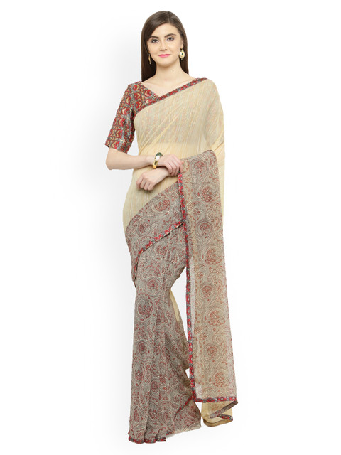 

Shaily Cream-Coloured & Beige Pure Georgette Printed Saree