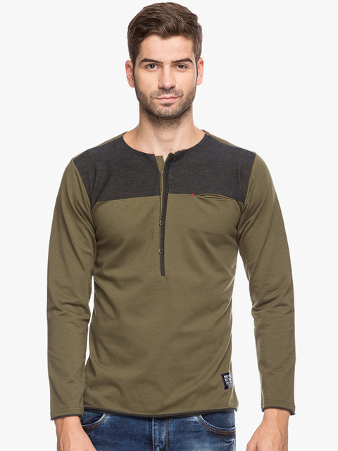 

Status Quo Men Olive Green & Black Colourblocked Henley Neck T-shirt