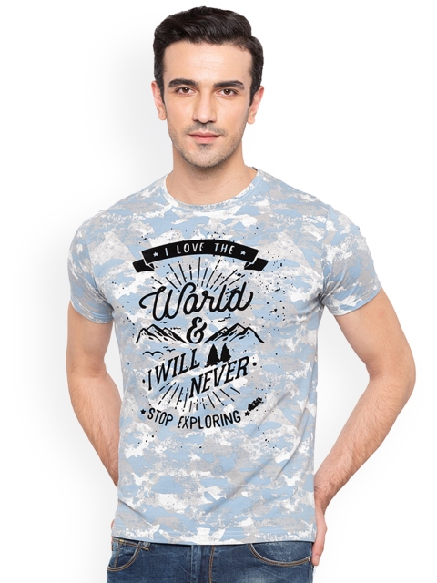 

Status Quo Men Blue Printed Slim Fit Round Neck Pure Cotton T-shirt