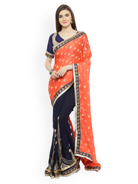 

Shaily Orange & Navy Blue Pure Georgette Printed Saree
