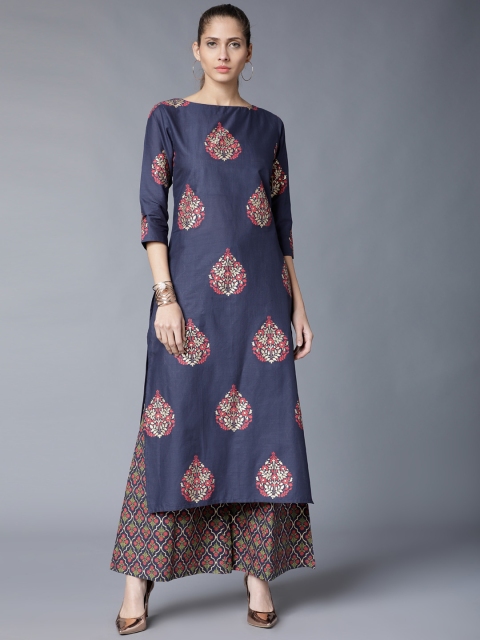 

Vishudh Women Navy Blue Printed Kurta with Palazzos
