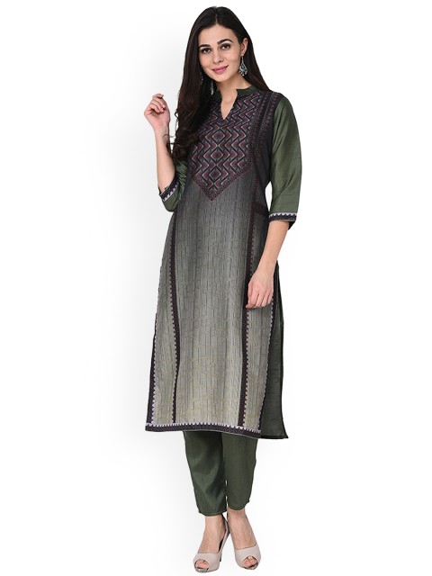 

ZIYAA Women Green & Black Printed Straight Kurta