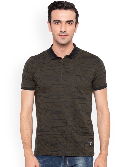 

Status Quo Men Olive Green Printed Polo Collar Pure Cotton T-shirt