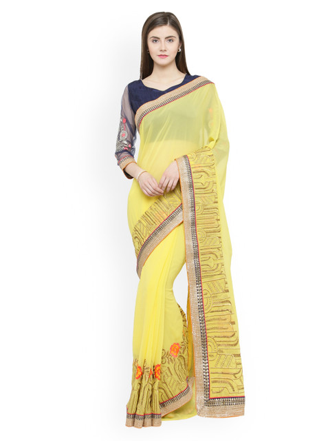 

Shaily Yellow & Beige Pure Georgette Solid Saree