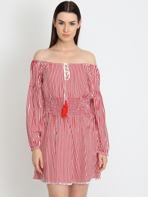 

LA LOFT Women Red Striped Blouson Dress