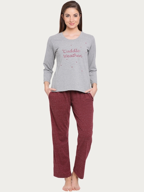 

Clovia Grey & Maroon Printed Lounge Set