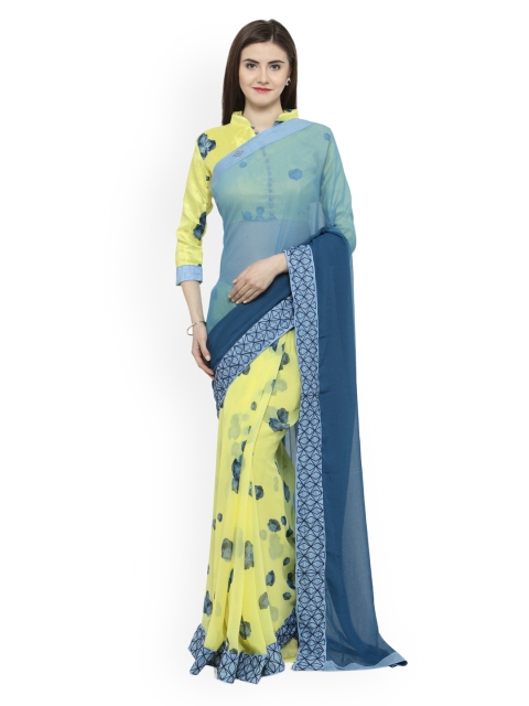 

Shaily Yellow & Blue Pure Georgette Printed Saree