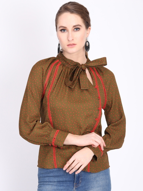 

LA LOFT Women Olive Brown Regular Fit Printed Casual Shirt