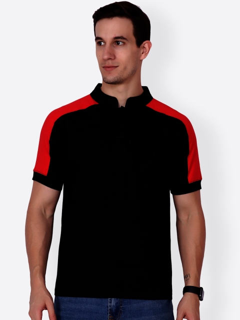 

Cation Men Black Colourblocked Mandarin Collar T-shirt