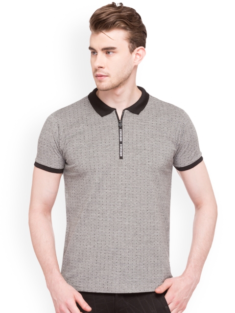 

Status Quo Men Grey Printed Slim Fit Polo Collar Pure Cotton T-shirt