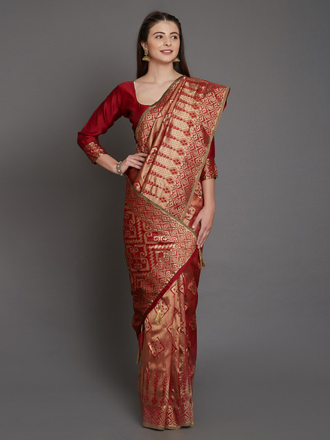 

Mitera Maroon & Gold-Toned Silk Blend Woven Design Saree