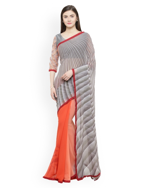 

Shaily Grey & Orange Pure Georgette Striped Saree