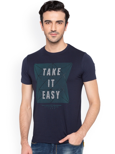 

Status Quo Men Navy Slim Fit Printed Round Neck Pure Cotton T-shirt, Navy blue