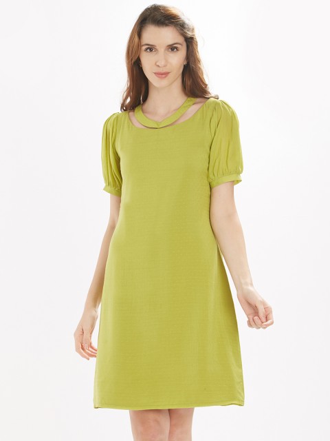 

Soie Women Olive Green Self Design A-Line Dress