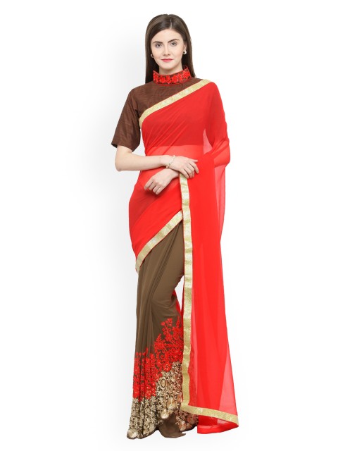 

Shaily Red & Brown Pure Georgette Embroidered Saree