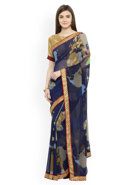 

Shaily Navy Blue & Red Pure Georgette Printed Saree