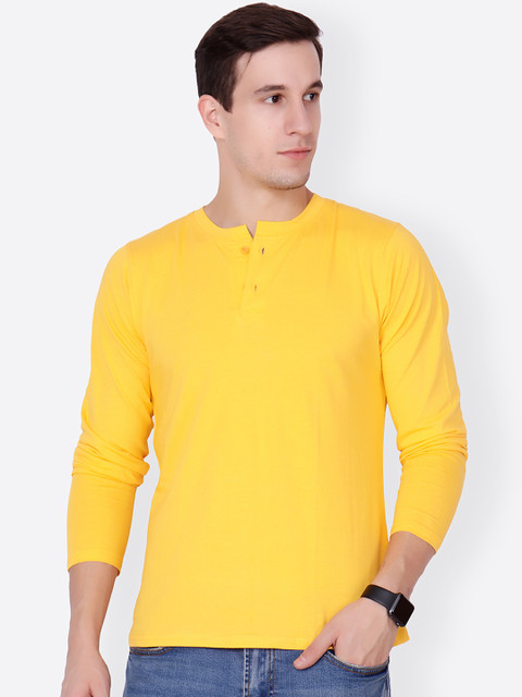 

Cation Men Yellow Solid Henley Neck T-shirt