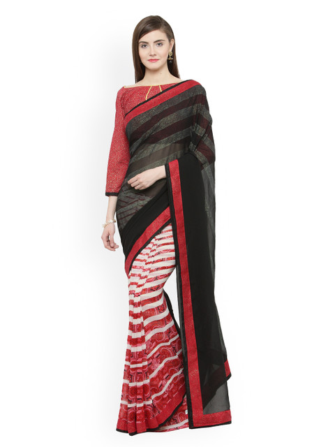 

Shaily Black & Cream-Coloured Pure Georgette Striped Saree