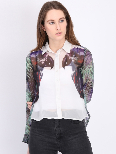 

LA LOFT Women Off-White & Maroon Regular Fit Printed Casual Shirt